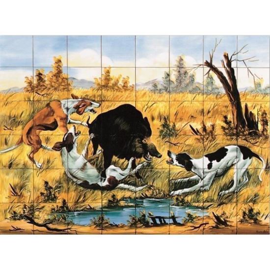 Mistret incercuit de caini de vanatoare - multicolor - 80x60 cm
