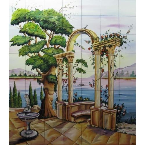 Gradina cu fantana arteziana si coloane pe malul lacului